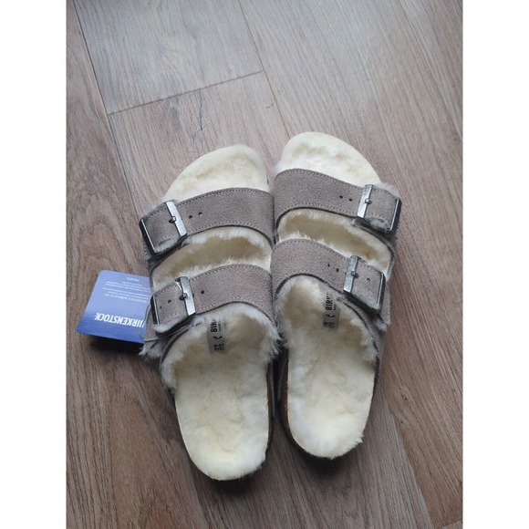 Birkenstock Arizona Stone Grey Fur Shearling Suede Sandals - Picture 8 of 14